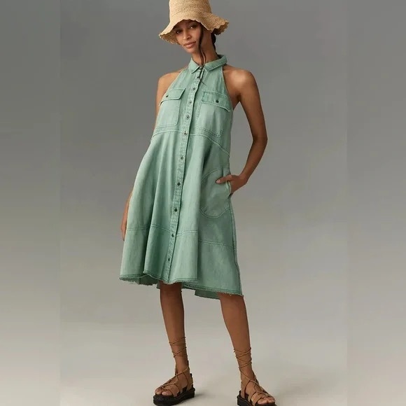 NWT Anthropologie Pilcro Sleeveless Halter Swing Midi Dress in Green, size XL - Picture 5 of 13